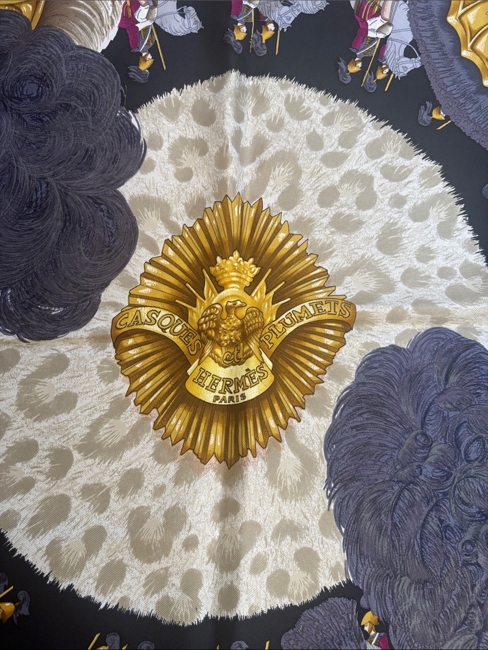 Hermes Purple Gold Black White Silk Scarf with Equestrian Helm Motifs - Picture 4 of 5